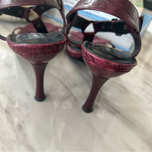 Via Spiga Plum Purple Hand Tooled Leather T-Strap Sandals - Picture 6 of 9